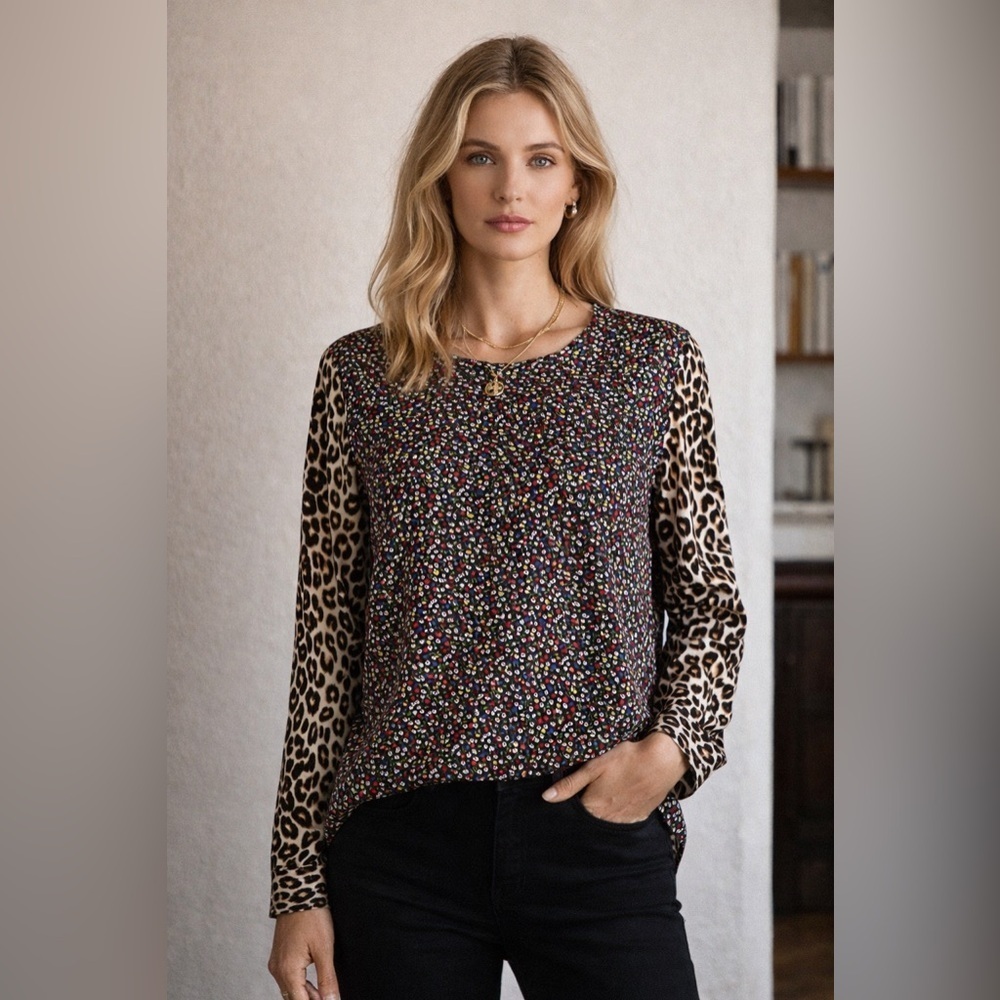 Equipment Femme Womens Liam Blouse Sz Small Floral Cheetah Animal Print Silk Top